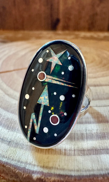 MATTHEW JACK ZUNI Silver Pueblo Night Sky Inlay Ring 26R10 • Size 9