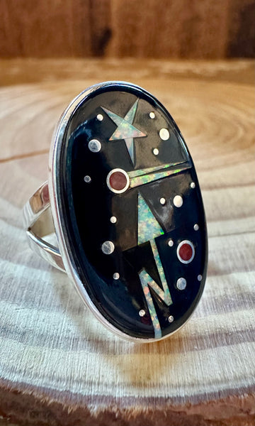MATHEW JACK ZUNI Silver Pueblo Night Sky Inlay Ring 26R10 • Size 9