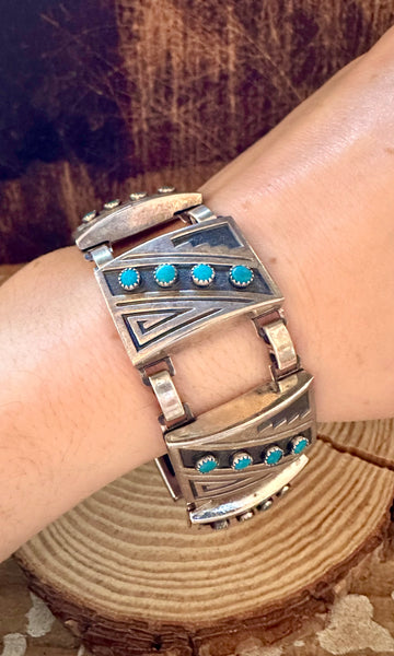 TURQUOISE LABYRINTH 1940s Sterling Silver Bracelet