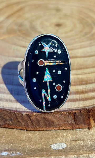 MATTHEW JACK ZUNI Silver Pueblo Night Sky Inlay Ring 26R10 • Size 9