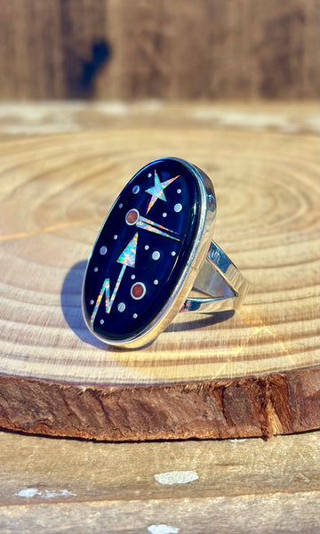MATTHEW JACK ZUNI Silver Pueblo Night Sky Inlay Ring 26R10 • Size 9