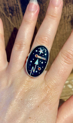 MATHEW JACK ZUNI Silver Pueblo Night Sky Inlay Ring 26R10 • Size 9