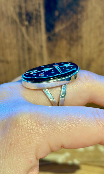 MATTHEW JACK ZUNI Silver Pueblo Night Sky Inlay Ring 26R10 • Size 9