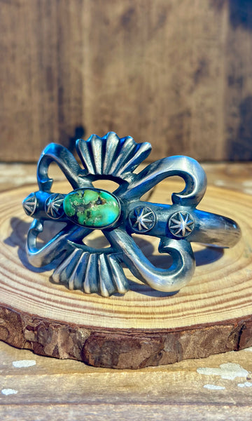 CHIMNEY BUTTE Navajo Turquoise Sandcast Silver Cuff 26C08 • 68g