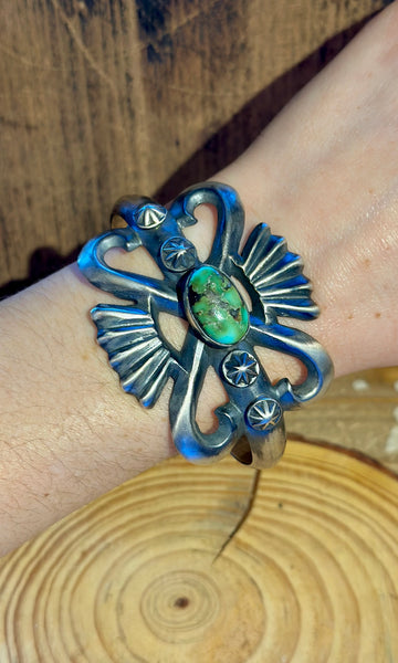 CHIMNEY BUTTE Navajo Turquoise Sandcast Silver Cuff 26C08 • 68g