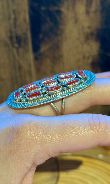 MARLENE HALE NAVAJO Vintage Silver & Red Coral Ring 26R14 • Size 11