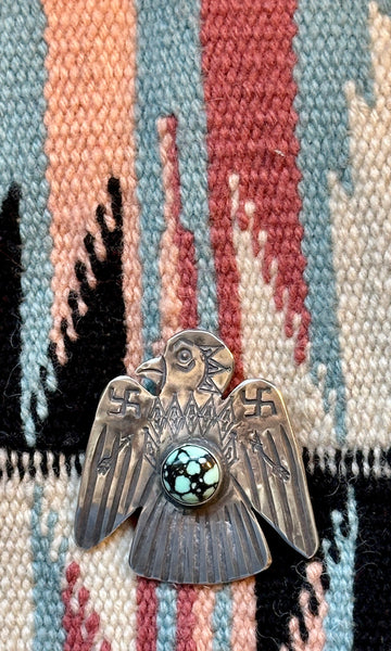 WHIRLING LOG 1930s Silver and Turquoise Thunderbird Brooch • Fred Harvey Era