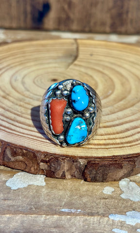 VINTAGE NAVAJO Turquoise & Coral Sterling Silver Men's Ring 26R16 • Size 11.5