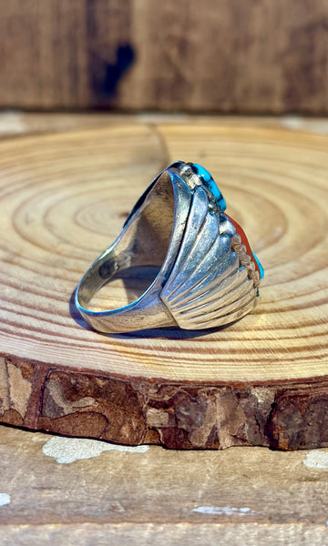 VINTAGE NAVAJO Turquoise & Coral Sterling Silver Men's Ring 26R16 • Size 11.5