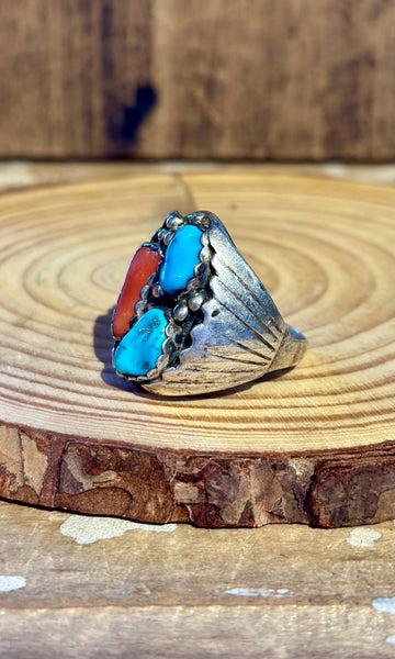 VINTAGE NAVAJO Turquoise & Coral Sterling Silver Men's Ring 26R16 • Size 11.5