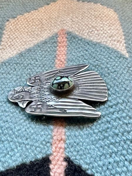 WHIRLING LOG 1930s Silver and Turquoise Thunderbird Brooch • Fred Harvey Era
