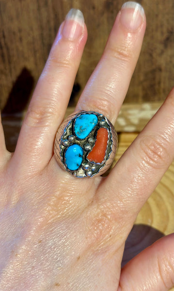 VINTAGE NAVAJO Turquoise & Coral Sterling Silver Men's Ring 26R16 • Size 11.5