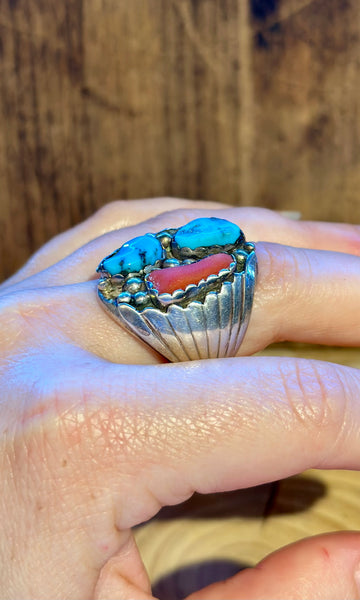 VINTAGE NAVAJO Turquoise & Coral Sterling Silver Men's Ring 26R16 • Size 11.5