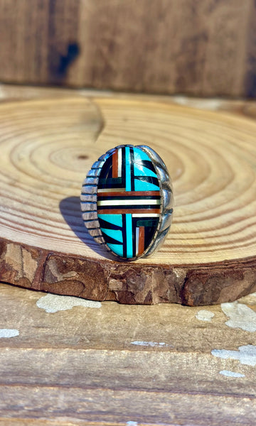 VINTAGE ZUNI 60s/70s Multi-Stone Silver Men's Ring 26R15 • Size 11