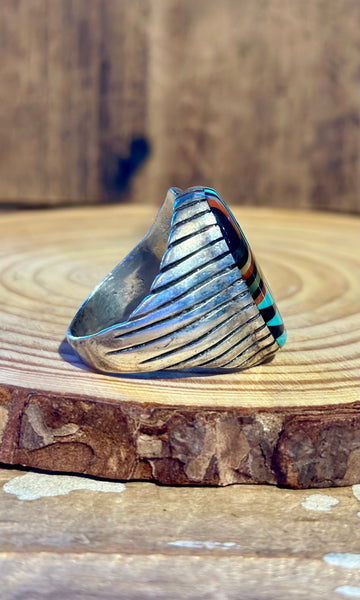 VINTAGE ZUNI 60s/70s Multi-Stone Silver Men's Ring 26R15 • Size 11