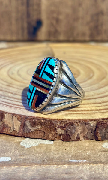 VINTAGE ZUNI 60s/70s Multi-Stone Silver Men's Ring 26R15 • Size 11