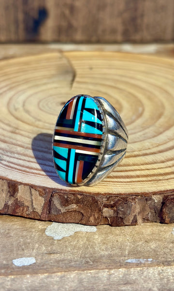 VINTAGE ZUNI 60s/70s Multi-Stone Silver Men's Ring 26R15 • Size 11