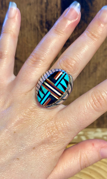 VINTAGE ZUNI 60s/70s Multi-Stone Silver Men's Ring 26R15 • Size 11