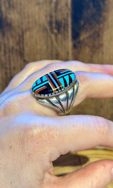 VINTAGE ZUNI 60s/70s Multi-Stone Silver Men's Ring 26R15 • Size 11