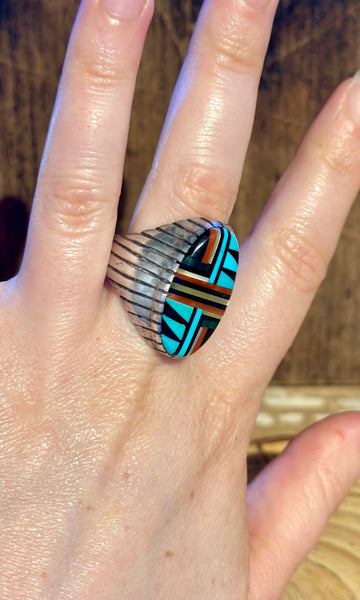 VINTAGE ZUNI 60s/70s Multi-Stone Silver Men's Ring 26R15 • Size 11