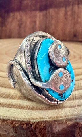 JUDE CANDELARIA Zuni Silver Snake & Turquoise Mens Ring • Size 11 1/2