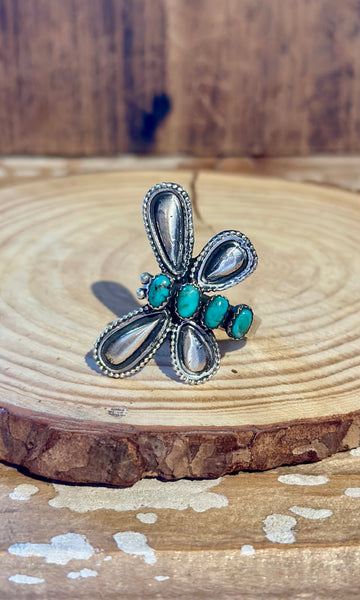 LESTER JAMES NAVAJO Adjustable Turquoise & Silver Dragonfly Ring 26R09 • Sz. 9 Adj.