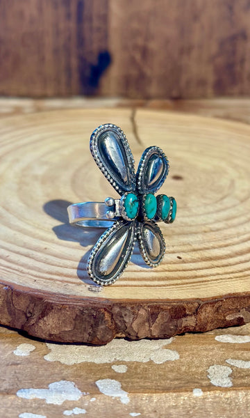 LESTER JAMES NAVAJO Adjustable Turquoise & Silver Dragonfly Ring 26R09 • Sz. 9 Adj.