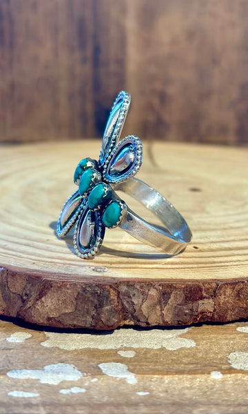 LESTER JAMES NAVAJO Adjustable Turquoise & Silver Dragonfly Ring 26R09 • Sz. 9 Adj.