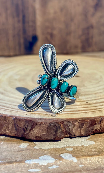 LESTER JAMES NAVAJO Adjustable Turquoise & Silver Dragonfly Ring 26R09 • Sz. 9 Adj.