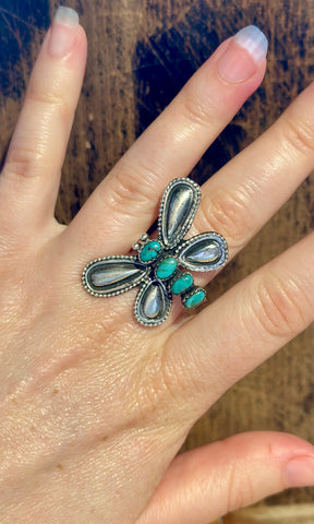LESTER JAMES NAVAJO Adjustable Turquoise & Silver Dragonfly Ring 26R09 • Sz. 9 Adj.