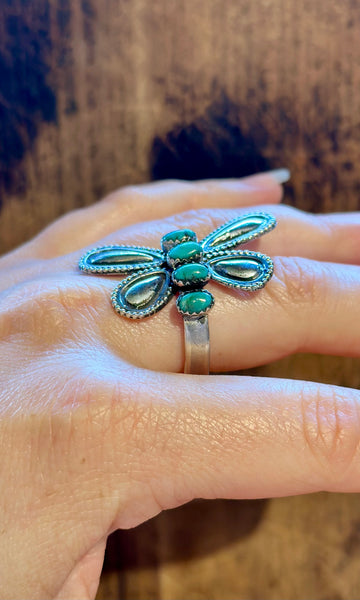 LESTER JAMES NAVAJO Adjustable Turquoise & Silver Dragonfly Ring 26R09 • Sz. 9 Adj.