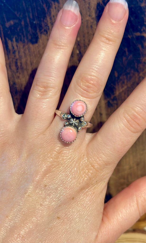 PINK CONCH SHELL Double Decker Sterling Silver Ring 26R12 • Sz. 7 1/4 & 9 1/2