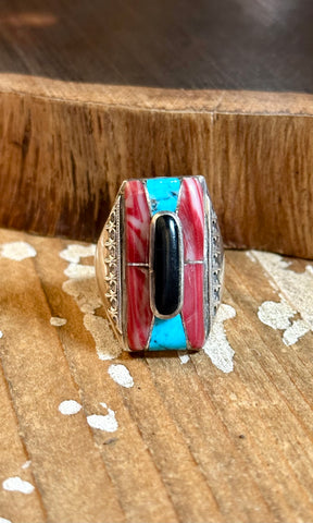 VINTAGE ZUNI Sterling Silver, Turquoise, Onyx & Coral Men's Ring 26R24 • Size 11