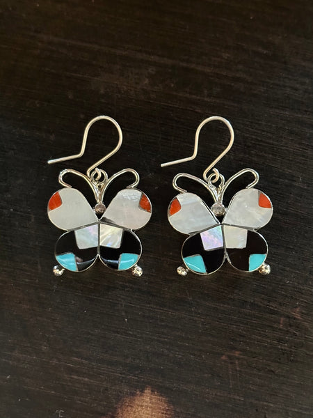 ALLISON DISHTA Butterfly Zuni Multi Stone Inlay Silver Dangle Earrings 26E03