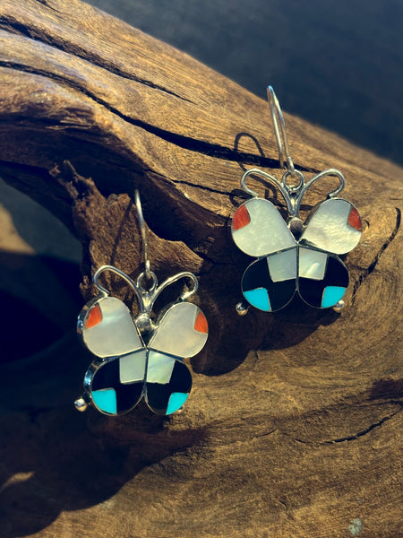 ALLISON DISHTA Butterfly Zuni Multi Stone Inlay Silver Dangle Earrings 26E03