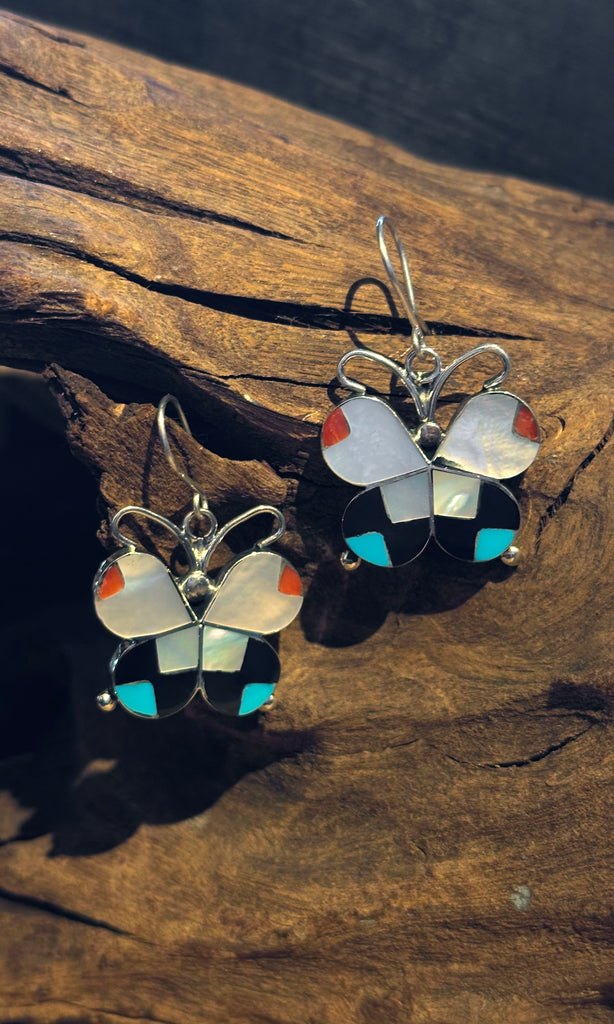 ALLISON DISHTA Butterfly Zuni Multi Stone Inlay Silver Dangle Earrings 26E03