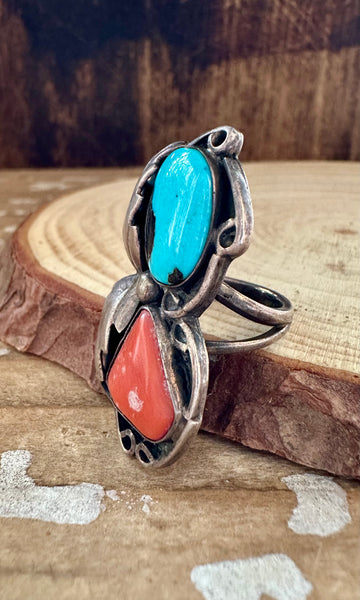 DOUBLE DECKER Silver Coral & Turquoise Ring • Size 4 1/4