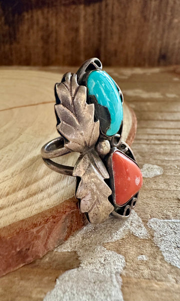 DOUBLE DECKER Silver Coral & Turquoise Ring • Size 4 1/4