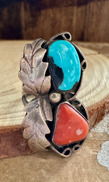 DOUBLE DECKER Silver Coral & Turquoise Ring • Size 4 1/4