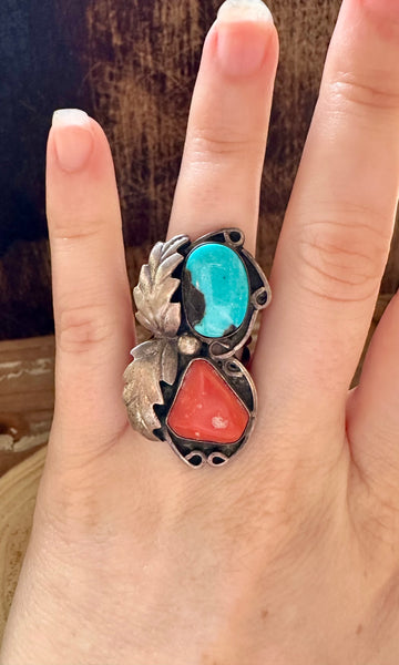 DOUBLE DECKER Silver Coral & Turquoise Ring • Size 4 1/4