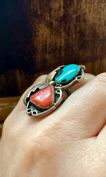 DOUBLE DECKER Silver Coral & Turquoise Ring • Size 4 1/4