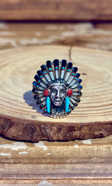 VINTAGE ZUNI Chief's Head Mens Silver Inlay 1970's Ring 26R23 • Size 12 1/2