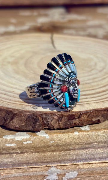VINTAGE ZUNI Chief's Head Mens Silver Inlay 1970's Ring 26R23 • Size 12 1/2