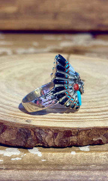 VINTAGE ZUNI Chief's Head Mens Silver Inlay 1970's Ring 26R23 • Size 12 1/2