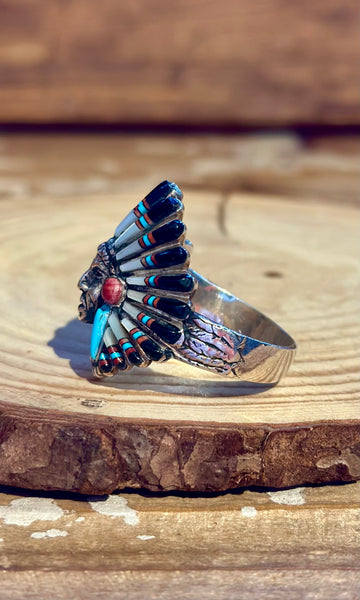 VINTAGE ZUNI Chief's Head Mens Silver Inlay 1970's Ring 26R23 • Size 12 1/2