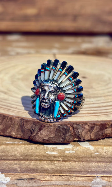 VINTAGE ZUNI Chief's Head Mens Silver Inlay 1970's Ring 26R23 • Size 12 1/2