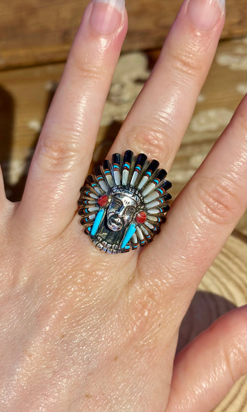 VINTAGE ZUNI Chief's Head Mens Silver Inlay 1970's Ring 26R23 • Size 12 1/2