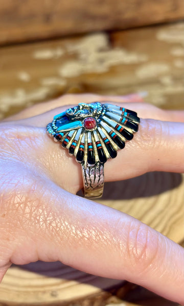 VINTAGE ZUNI Chief's Head Mens Silver Inlay 1970's Ring 26R23 • Size 12 1/2