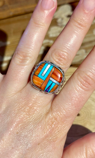 MYRA NASTACIO ZUNI Vintage Inlay Men's Ring 26R25 • Size 10