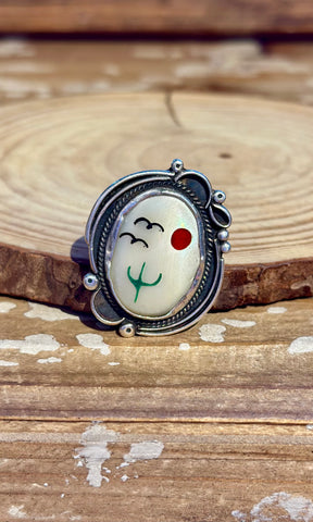 VINTAGE ZUNI Desert Landscape Silver Inlay Cactus Ring 26R29 • Size 5 1/4